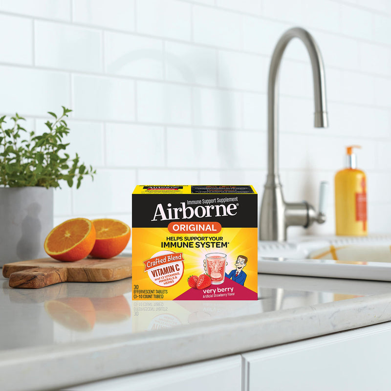 [Australia] - Airborne 1000mg Vitamin C with Zinc Effervescent Tablets, Immune Support Supplement with Powerful Antioxidants Vitamins A C & E - (30 count box), Very Berry Flavor, Fizzy Drink Tablets, Gluten-Free 
