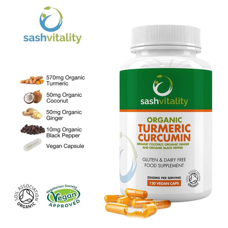 [Australia] - Organic Turmeric High Strength 2040mg Capsules with Black Pepper & Ginger – Advanced Turmeric Curcumin | 120 Vegan Turmeric Capsules | Certified Organic | UK Made Sash Vitality 