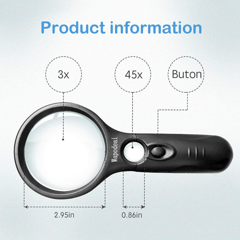 [Australia] - Wapodeai Magnifying Glass with Light, 3X 45X High Magnification, LED Handheld Lighted Magnifier, Suitable for Reading, Jewellery, Crafts, Lnspection, Science (Black) 
