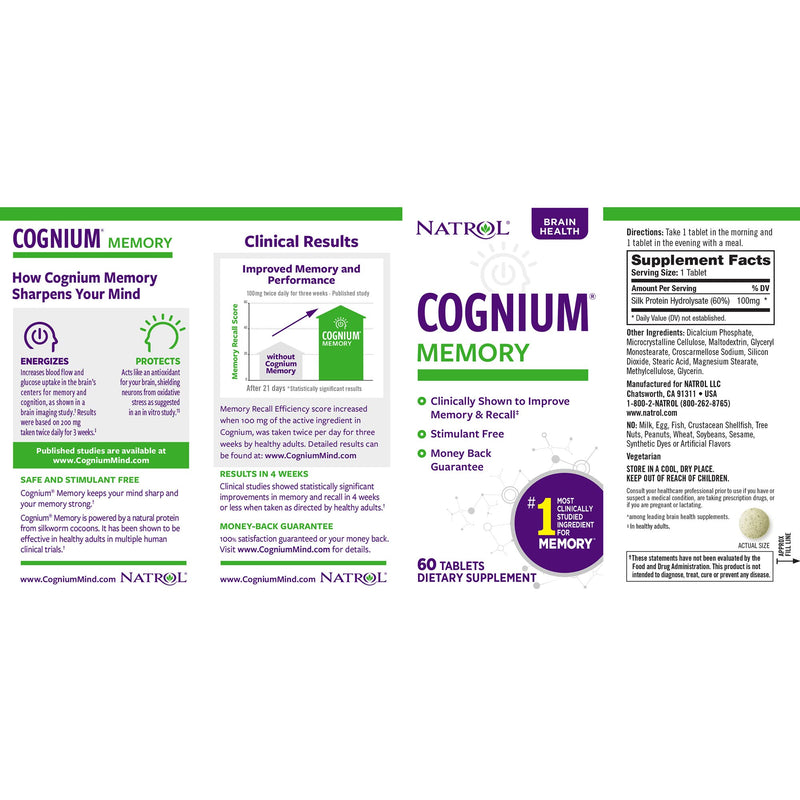 [Australia] - Natrol Cognium Tablets, Brain Health, Keeps Memory Strong, Shown to Improve Memory and Recall in Healthy Adults, Safe and Stimulant Free, 100mg, 60 Count 60 Count (Pack of 1) 