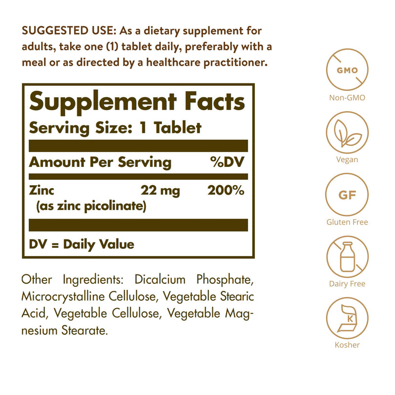 [Australia] - Solgar Zinc Picolinate 22 mg, 100 Tablets - Promotes Healthy Skin - Supports Immune System, Normal Taste & Vision - Antioxidant - Non GMO, Vegan, Gluten Free, Dairy Free, Kosher - 100 Servings 