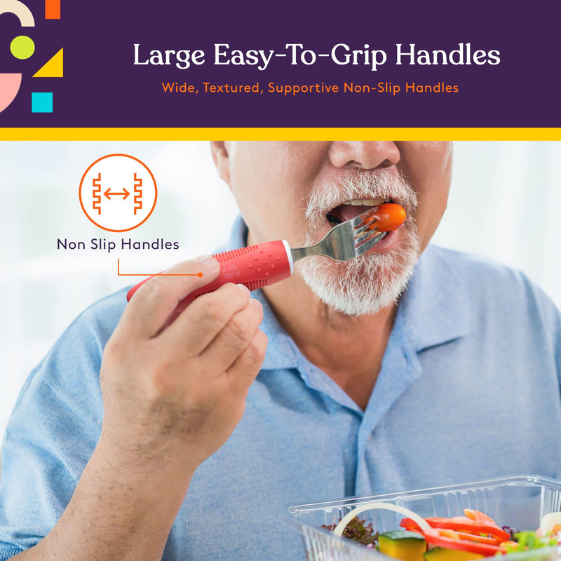 [Australia] - Special Supplies Adaptive Utensils (5-Piece Kitchen Set) Wide, Non-Weighted, Non-Slip Handles for Hand Tremors, Arthritis, Parkinson’s or Elderly Use - Stainless Steel Knives, Fork, Spoons - Red 