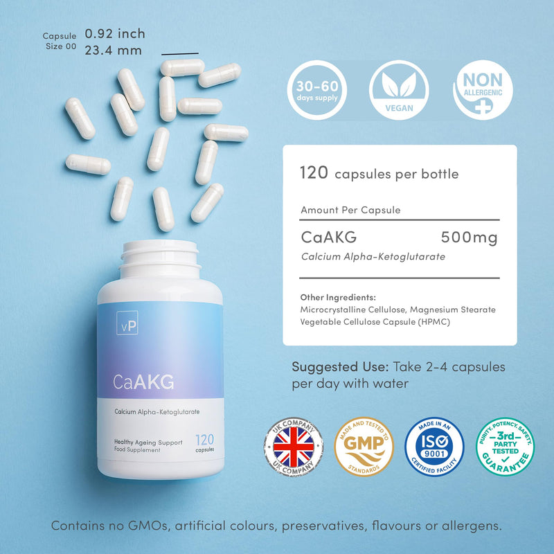 [Australia] - Ca-AKG 500mg x 120 Capsules - Third Party Tested Over 99% Purity - Vitality Pro CaAKG Food Supplement � Pure High Strength Calcium Alpha-Ketoglutarate Formula 
