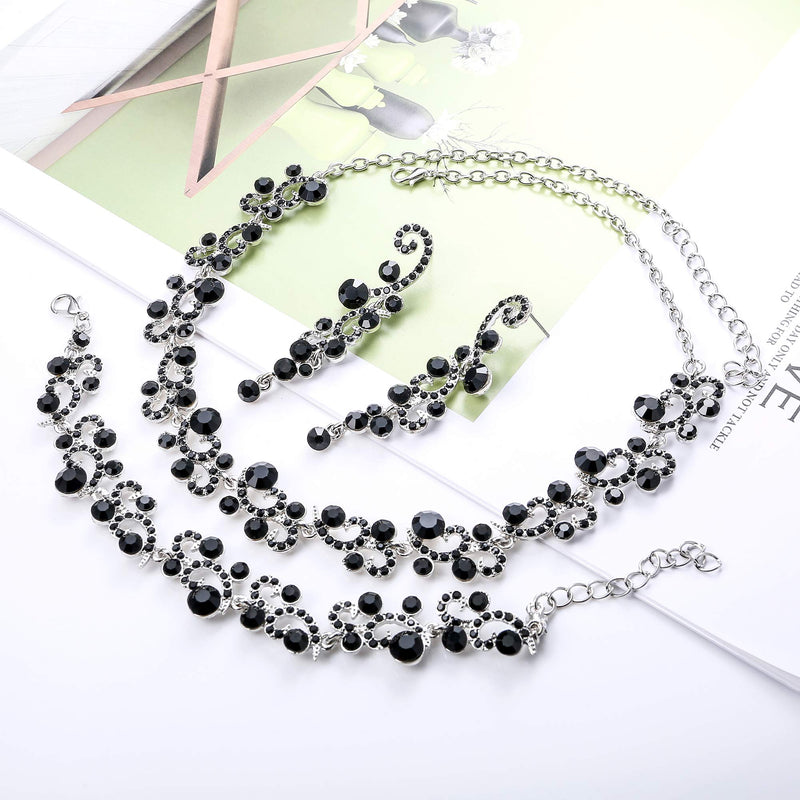 [Australia] - JOERICA Rhinestone Necklace and Earrings Set for Women Wave Flower Fashion Costume Jewelry A: Black 