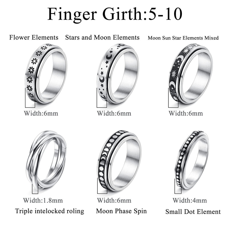 [Australia] - Jstyle 6Pcs Stainless Steel Spinner Ring for Women Men Triple Interlocked Rolling Flower Moon Star Fidget Band Rings for Stress Relieving Wedding Promise #5 