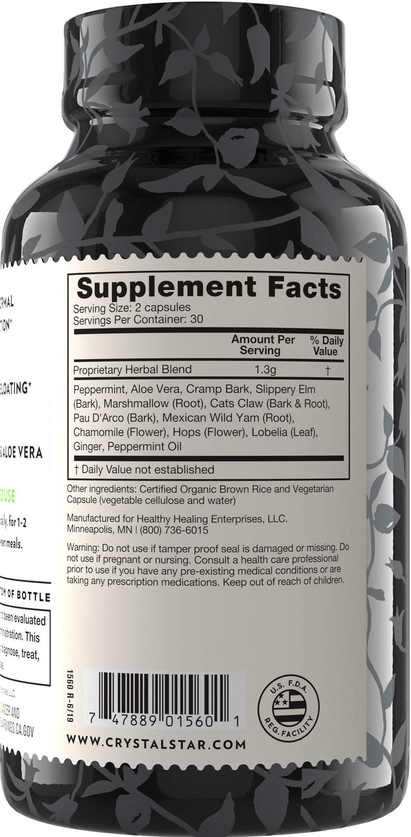 [Australia] - Crystal Star Digestive Support Supplement (60 Capsules) - Herbal Gut Health Supplement That Helps with Occasional Gas, Bloating & Discomfort - Peppermint, Aloe Vera, Slippery Elm & Ginger – Non-GMO 
