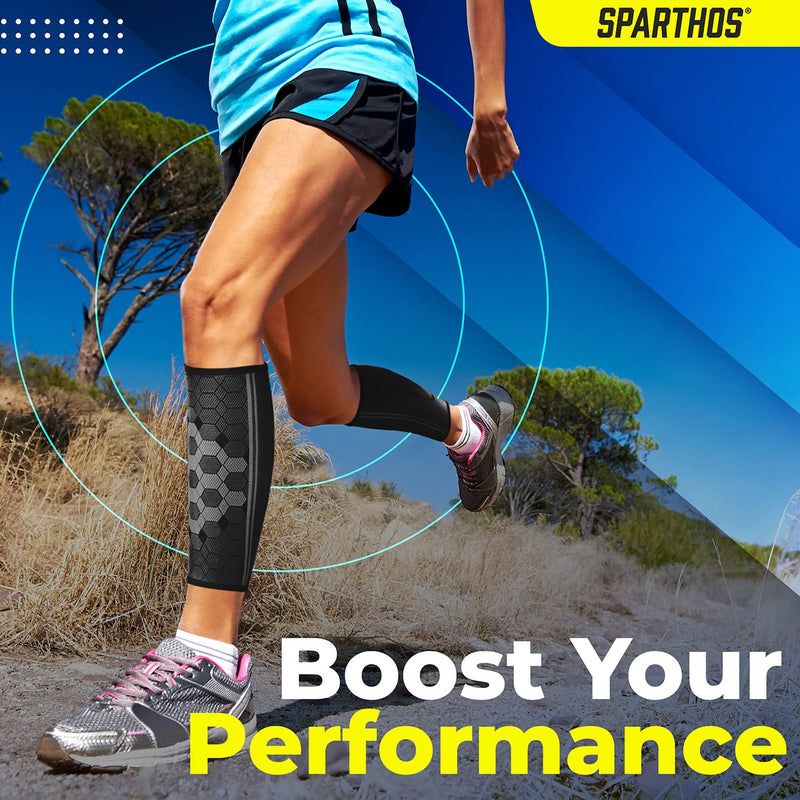 [Australia] - Calf Compression Sleeve by SPARTHOS (Pair) – Leg Compression Brace for Men and Women – Shin Splint Calf Pain Relief Calves Blood Circulation Sports Support Running Walking Cycling Yoga (Black-M) Medium (Pack of 2) Midnight Black 
