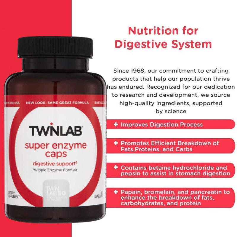 [Australia] - Twinlab Super Enzyme Caps - Digestive Enzymes with Pancreatin, Bromelain and Betaine HCL - Pancreatic Enzymes and Bromelain Supplement for Gut Health, Constipation Relief and Gas Relief, 50 Caps 