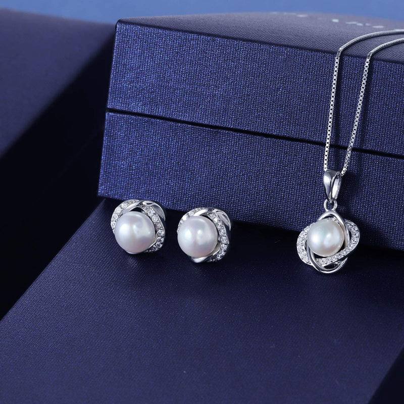 [Australia] - PEARLOVE Pearl Pendant Necklace and Earring Set for Women 925 Sterling Silver Pearl Jewelry Necklace Earrings Set for Women Pearl Jewelry Set Gift for Women With Box 