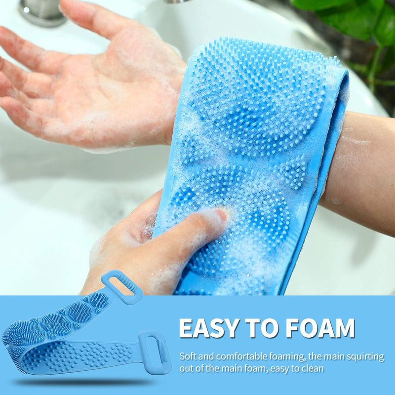 [Australia] - Xglysmyc Silicone Bath Body Brush, Exfoliating Long Double Side Silicone Body Back Scrubber for Shower,Eco Friendly,Lathers Well,Easy to Clean(Blue) 