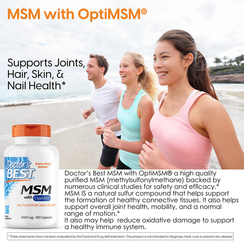 [Australia] - Doctor's Best MSM with OptiMSM, Joint Support, Immune System, Antioxidant and Protein-Building Role, Non-GMO, Gluten Free, 1000 mg, 180 Caps (DRB-00064) 