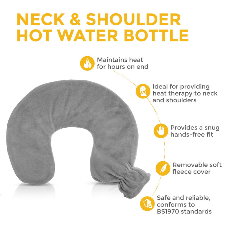 [Australia] - LIVIVO Neck and Shoulder U Shaped 1L Hot Water Bottle with Soft, Removable and Washable Fleecy Cover (Grey) Grey 