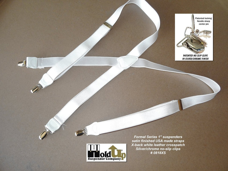 [Australia] - Holdup Brand X-back 1" wide Satin Finish White Suspenders with No-slip Silver Clips 