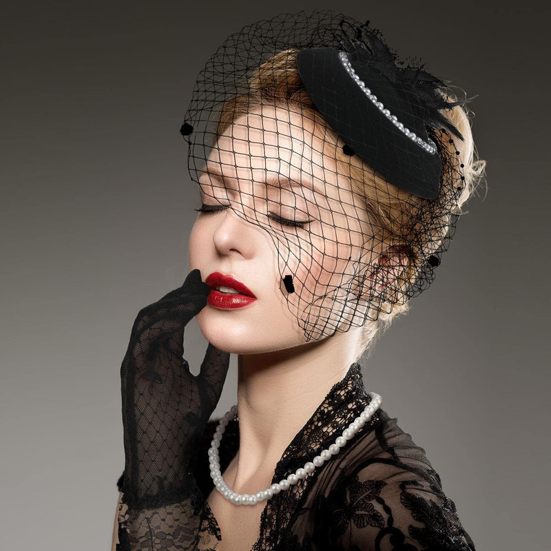 [Australia] - Women Faux Feather Veil Fascinator Hat 1950s Vintage Pillbox Mesh Feathers Hair Clip, Short Lace Gloves and Round Imitation Pearl Necklace for Tea Party Wedding Costume 