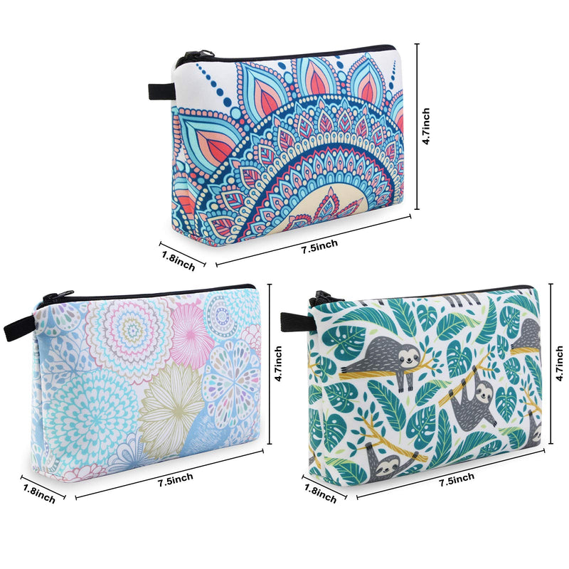 [Australia] - MAGEFY Makeup Bag 3 Styles Portable Travel Cosmetic Bag for Women Flower Patterns Zipper Pouch Sloth Gifts Makeup Pouch for Girls with Black Zipper (3 packs) 3 packs 