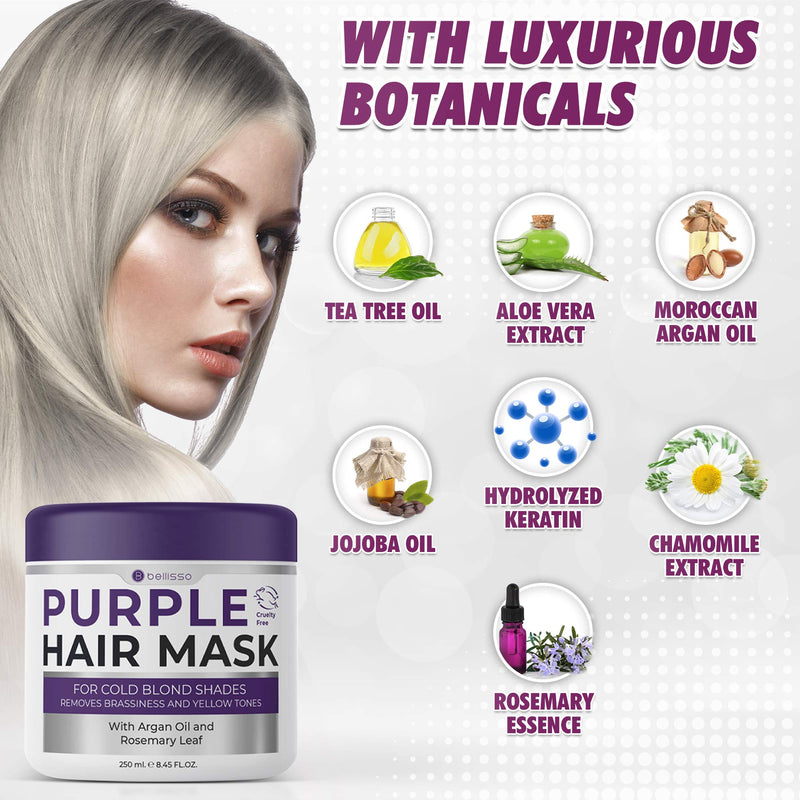 [Australia] - Bellisso Purple Mask for Blonde Hair - No More Yellow or Copper Tones - Deep Conditioner for Color Treated Locks with Keratin and Moroccan Argan Oil Treatment 