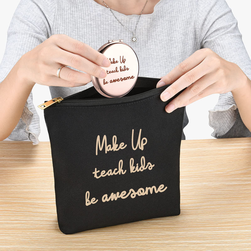 [Australia] - Make Up Teach Kids Be Awesome -Gift For Teacher Mom Wife -Makeup Bag And Rose Gold Mirror Gift -Set Of 2 