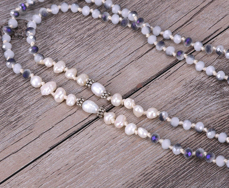 [Australia] - KELITCH Long Tassel Necklace Handmade Shell Pearl Crystal Beads Necklace for Women White Beige 