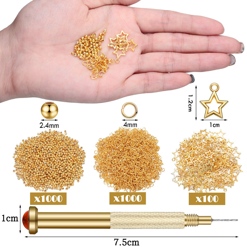 [Australia] - 2101 Pieces Dangle Nail Art Charms, Include 1000 Pcs Nail Jewelry Rings, 1000 Pcs Beaded and 100 Pcs Star Accessories with Nail Piercing Tool Hand Drill for Nails Tip Acrylic Gel Decoration (Gold) Gold 