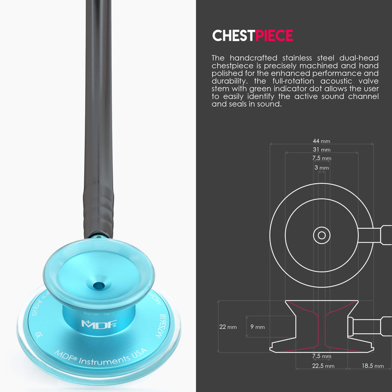 [Australia] - MDF Acoustica Lightweight Stethoscope, Adult, Dual Head, Free-Parts-for-Life, Black Tube, Aqua Chestpiece-Headset, MDF747XPAQ11 Black-Aqua 