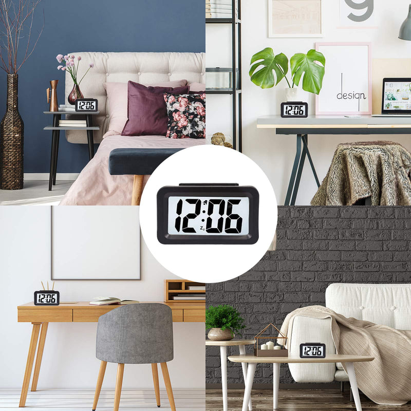 [Australia] - HENSE Creative Nightlight Smart Light Alarm Clock Bedside Desk Table Electronic Clock Battery Operated Mute Luminous Alarm Clock with Adjustable Light HA35 (Black) Black 