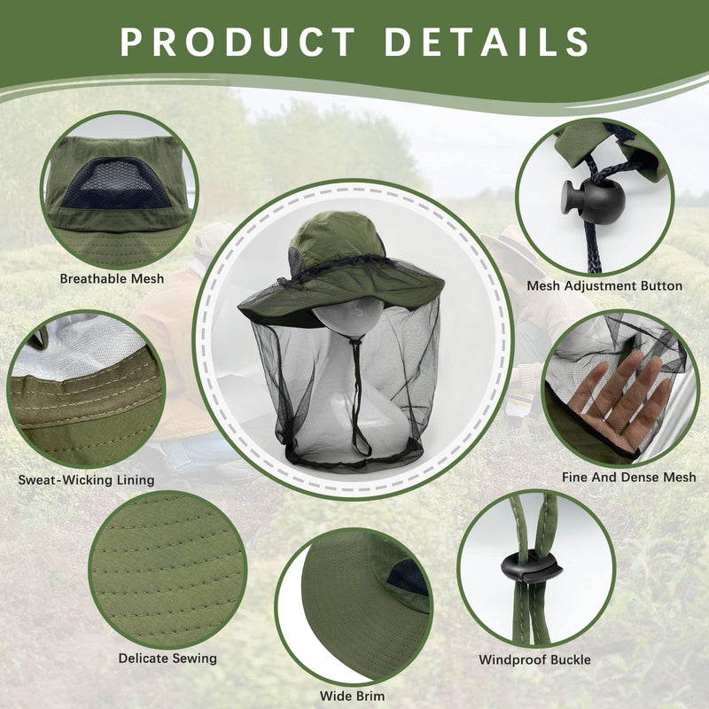 [Australia] - Midge Head Net Hat, Grey Nylon Mosquito Head Net with Hat, Portable Face Net Mesh with Hat for Outdoor Hiking Camping Climbing Fishing and Walking Green 