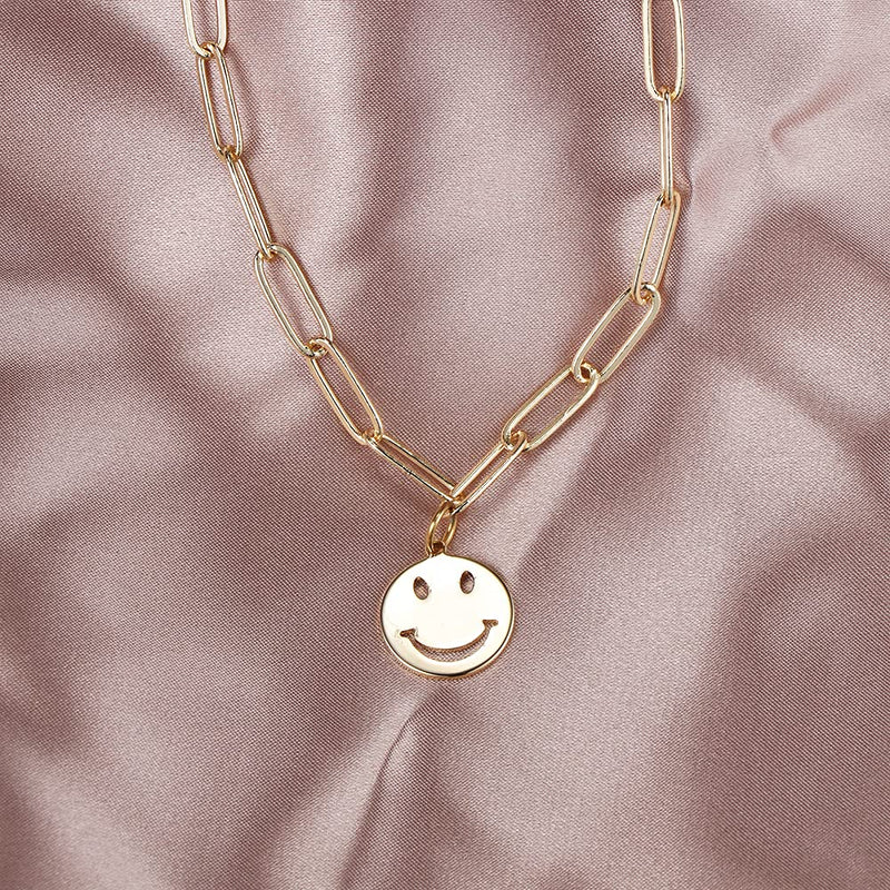 [Australia] - Smiley Face Necklace Cute Round Stainless Steel Smile Face Pendant Gold Smiley Face Necklace For Women Girls Paperclip Chain 