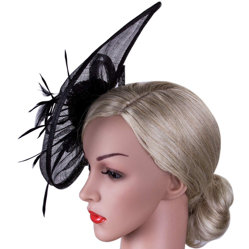 [Australia] - VIJIV Women's Vintage Derby Fascinator Hat Pillbox Headband Feather Cocktail Tea Party One Size Black 