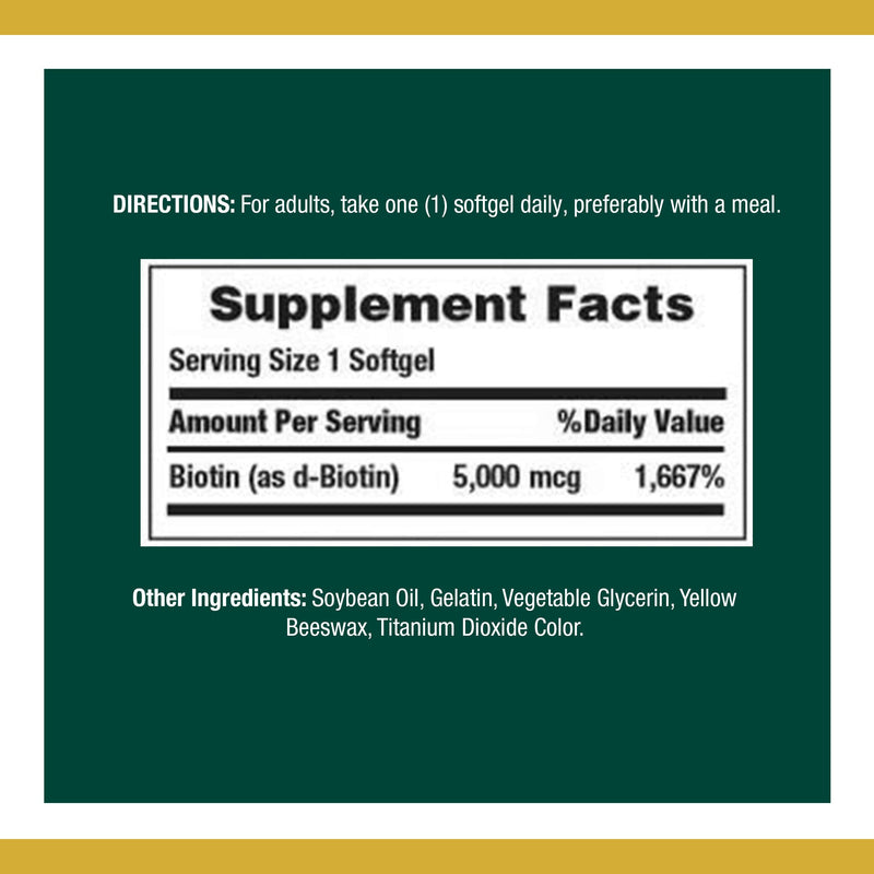 [Australia] - Biotin by Nature's Bounty, Vitamin Supplement, Supports Metabolism for Energy and Healthy Hair, Skin, and Nails, 5000 mcg, 72 Softgels 