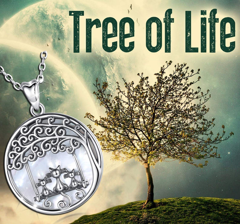 [Australia] - Eusense Sterling Silver Necklace Cat Tree of Life Pendant with Mother-of-pearl Family Spiritual Mother's Day Jewelry Gift for Mon Women Girls 