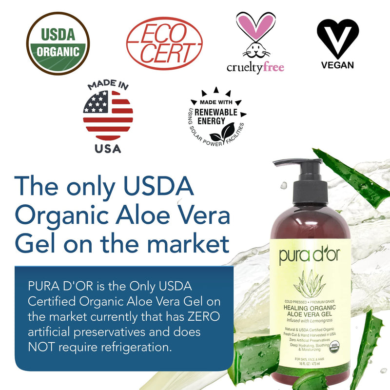 [Australia] - PURA D'OR Organic Aloe Vera Gel Lemongrass (16oz) All Natural - ZERO Artificial Preservatives - Deeply Hydrating & Moisturizing - Sunburn, Bug Bites, Rashes, Small Cuts, Eczema Relief - Skin & Hair 