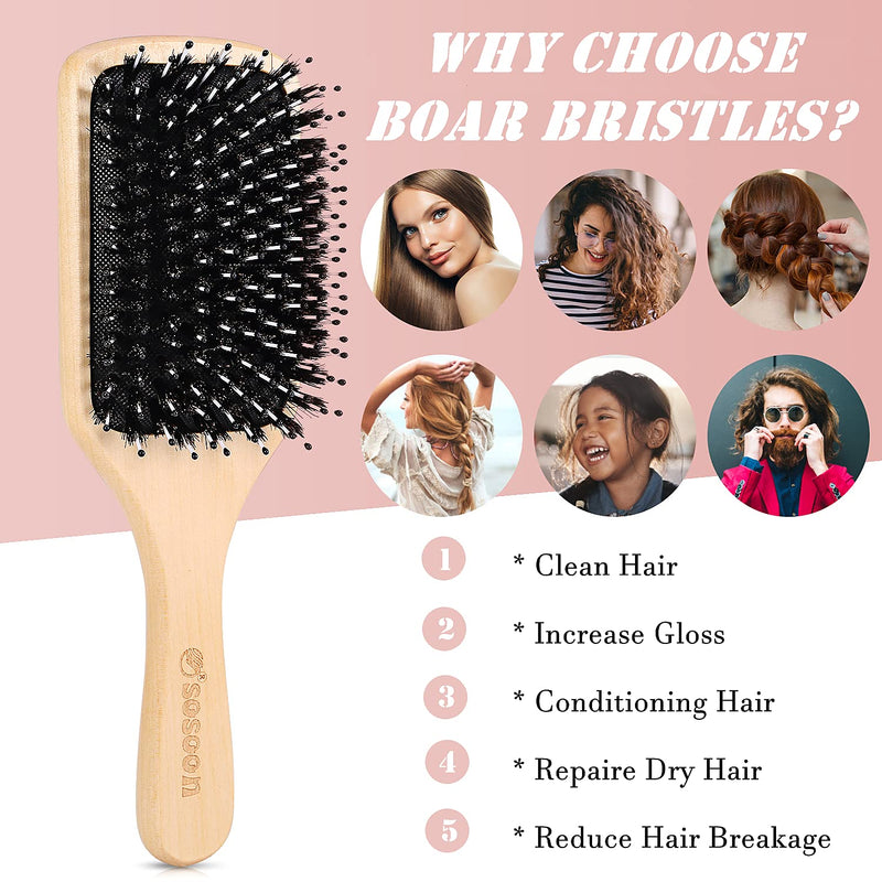 [Australia] - Hair Brush, Sosoon Boar Bristle Paddle Hairbrush for Long Thick Curly Wavy Dry or Damaged Hair, Reducing Hair Breakage and Frizzy No More Tangle, Giftbox & Hair Comb Included 1 Count (Pack of 1) 