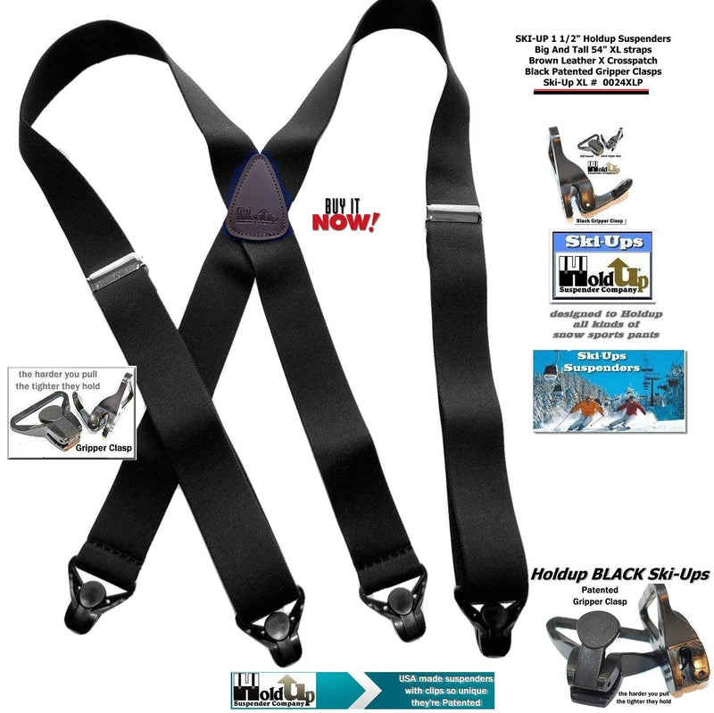 [Australia] - Holdup Suspender Company XL Black Ski-Up Suspenders X-back with black patented gripper clasp 