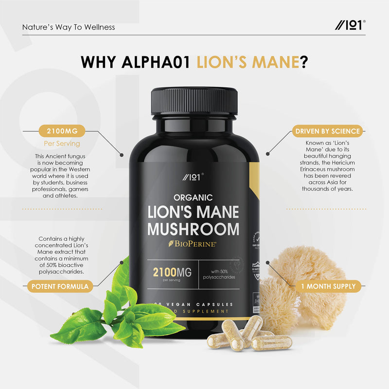 [Australia] - Organic Lion's Mane Mushroom 2100mg | 50% Polysaccharides | Made with BioPerine® | High Strength Hericium Erinaceus Extract | Non-GMO, Gluten Free, Halal, 90 Vegan Capsules 1 