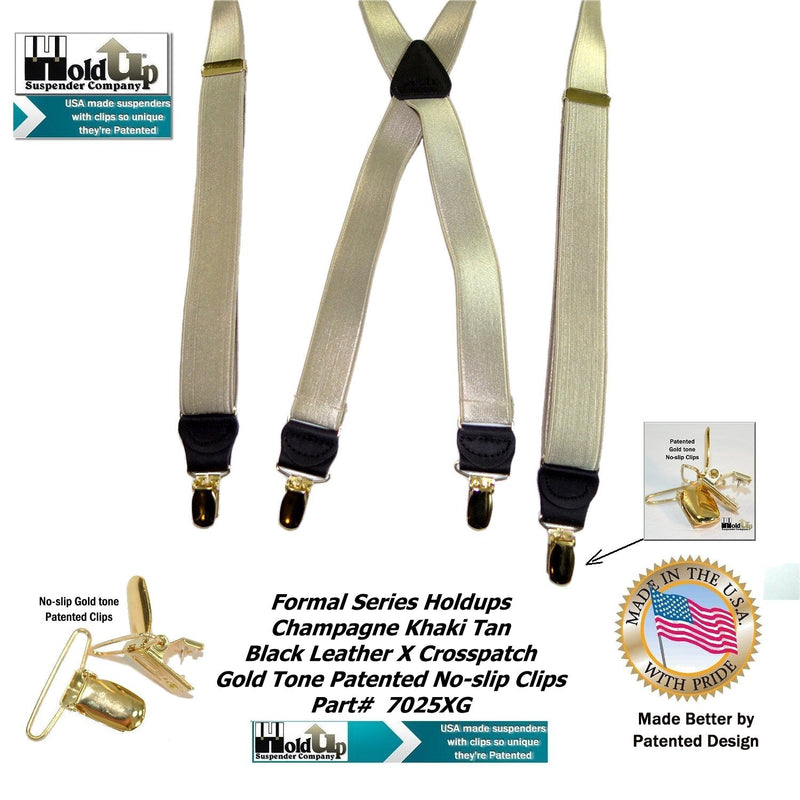 [Australia] - Holdup Suspender Brand Champagne GoldenTan narrow 1" Formal Series Suspenders with X-back crosspatch and patented Gold-tone no-slip Clips 