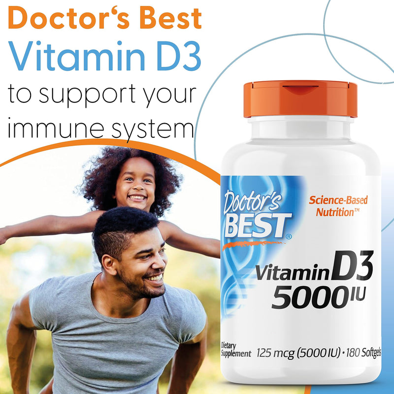 [Australia] - Doctor's Best, Vitamin D3, 5,000IU, High dose, Depot Weekly dose, 180 Soft Capsules, Laboratory Tested, SOYA-Free, Gluten-Free, Non-GMO 180 count (Pack of 1) 