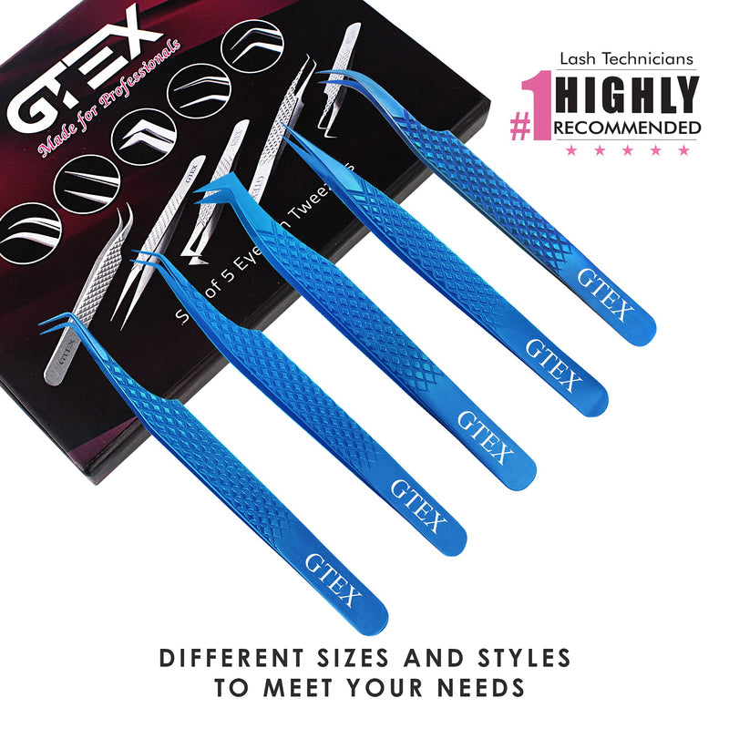 [Australia] - GTEX Lash Eyelash Extension Tweezers Set of 5, Japanese Stainless Steel Tools Straight Curved 45 90 Degree Angled Tip, Volume Tweezers Precision (Blue) Blue 