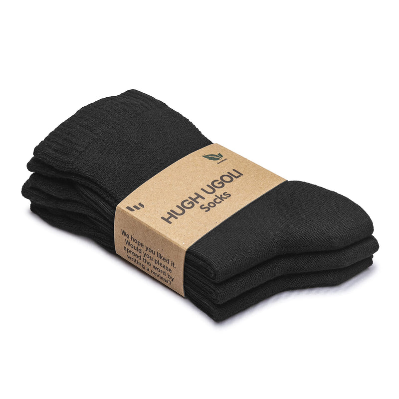 [Australia] - Hugh Ugoli Women's Bamboo Loose Fit Diabetic Crew Socks, Soft, Seamless Toe, Wide Stretchy, Non-Binding Top, 3 Pairs 10-12 Black 