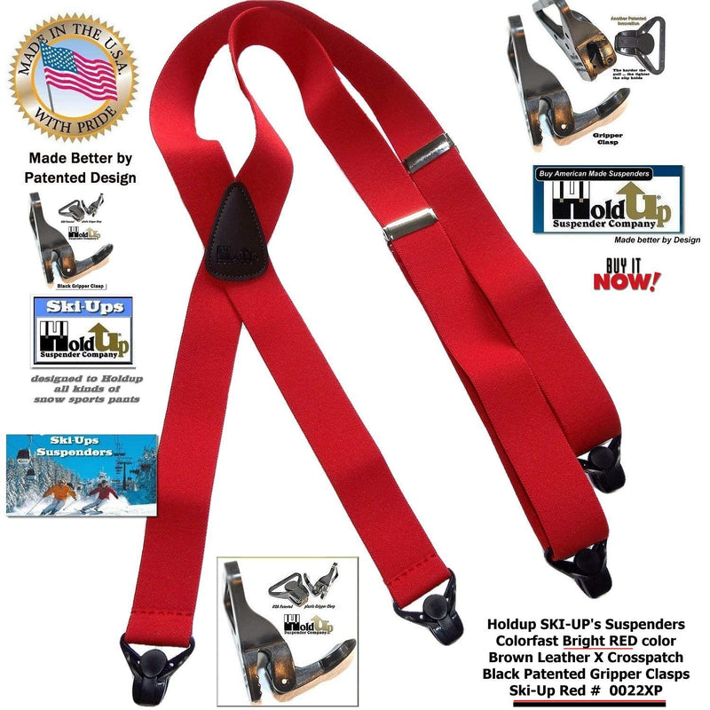 [Australia] - USA Made HoldUp Brand Ski-Ups series bright RED X-back Suspenders with Patented Black Gripper Clasps in 1 1/2" width 