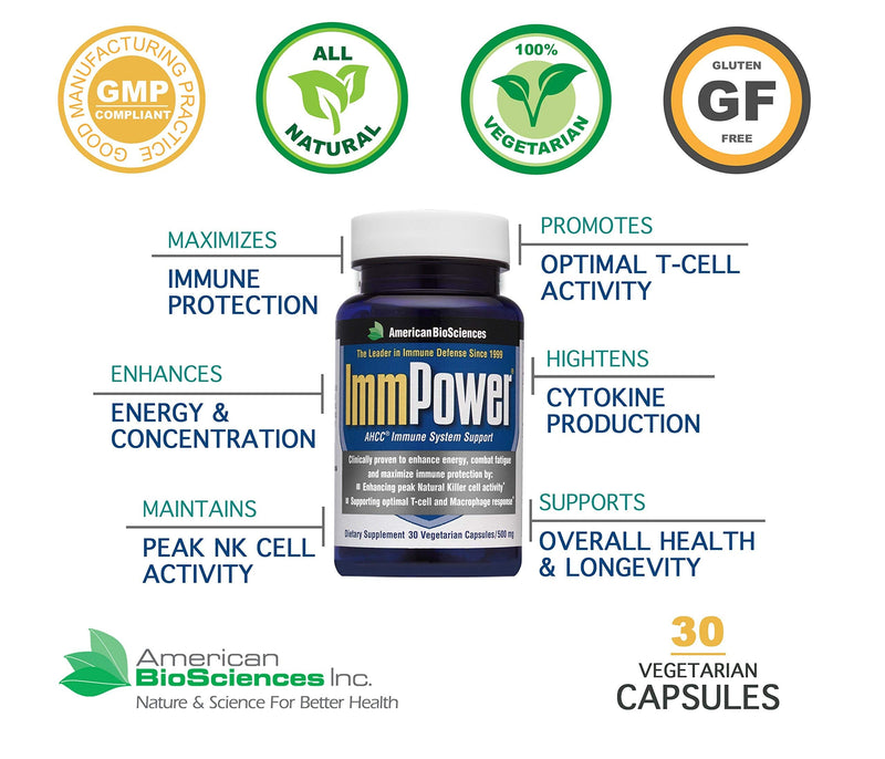 [Australia] - American BioSciences ImmPower AHCC Supplement | Enhanced Immune Support, Natural Killer Cell Activity and Cytokine Production | 30 Vegetarian Capsules, 500 milligrams per Capsule 30 Count (Pack of 1) 