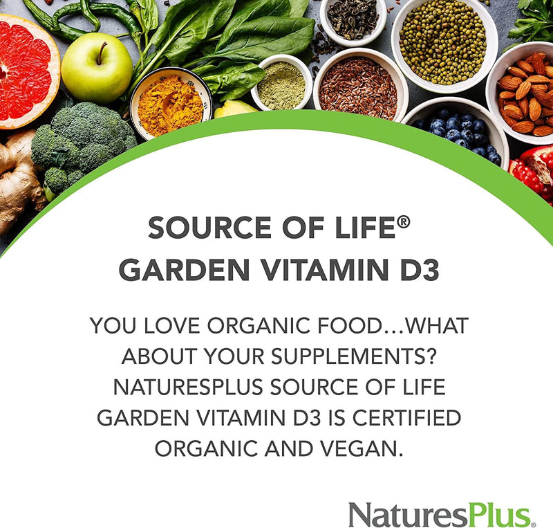 [Australia] - NaturesPlus Source of Life Garden Vitamin D3 2500IU Capsules - Organic and Vegan Vitamin D3 Supplement for Bone and Immune Support - Gluten Free - 60 Servings 