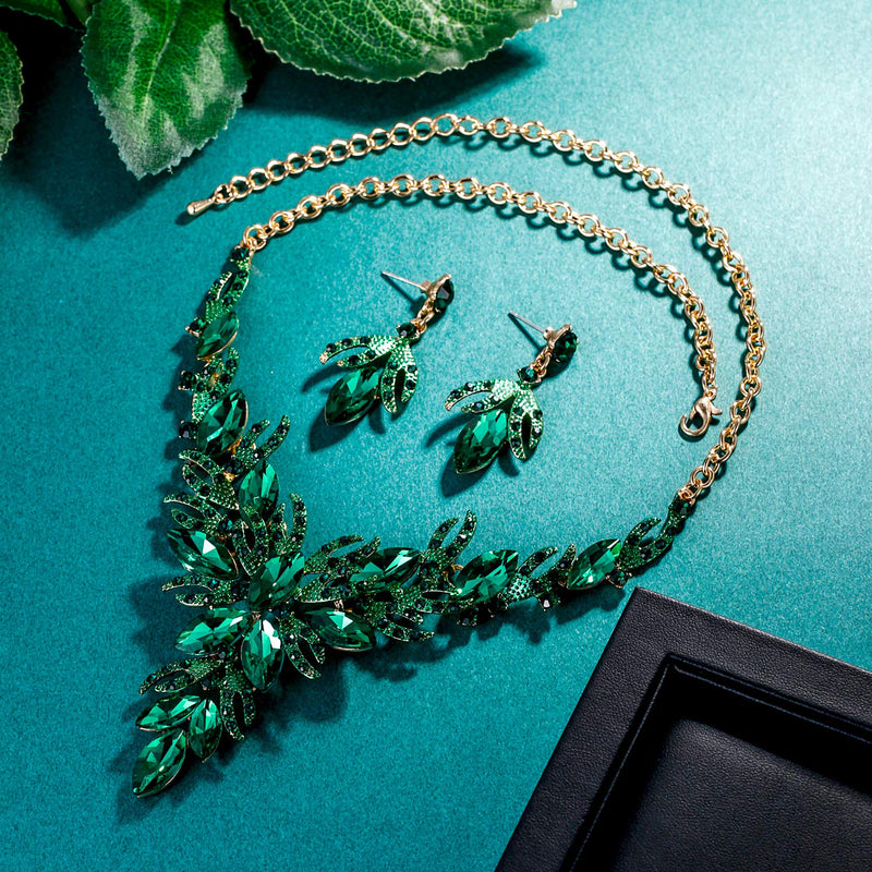 [Australia] - Flyonce Women's Crystal Wedding Flower Leaf Fligree Y-Shape Necklace Earrings Set Green Gold-Tone 