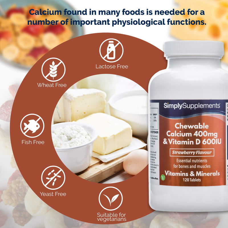 [Australia] - Chewable Calcium & Vitamin D3 Tablets | Vegetarian Friendly | Popular Supplement to Support Bone Health & Immune System | 120 Tablets | Manufactured in The UK 