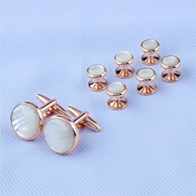 [Australia] - Mens Mother of Pearl Cufflinks and Dress Studs Set for Wedding Party Rose Gold & Beige 