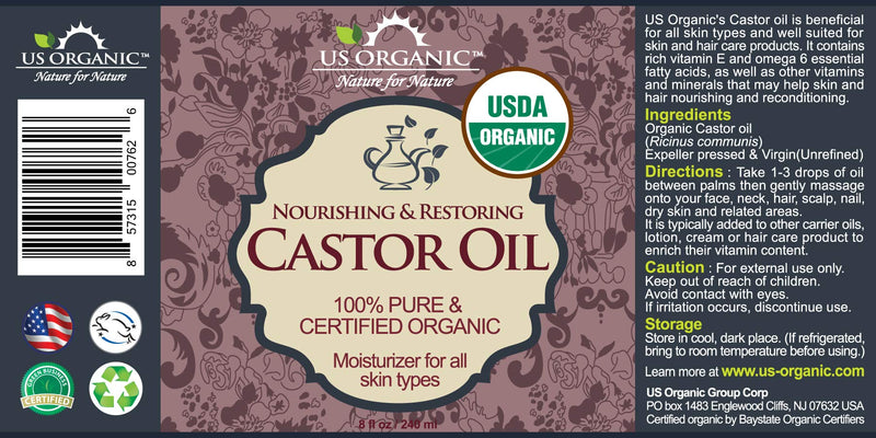 [Australia] - US Organic Castor Oil, USDA Certified Organic,Expeller Pressed, Hexane Free, 100% Pure & Natural moisturizing and emollient properties, For Skin, Hair Care, Eyelashes, DIY projects (8 oz (240 ml)) 8.12 Fl Oz (Pack of 1) 
