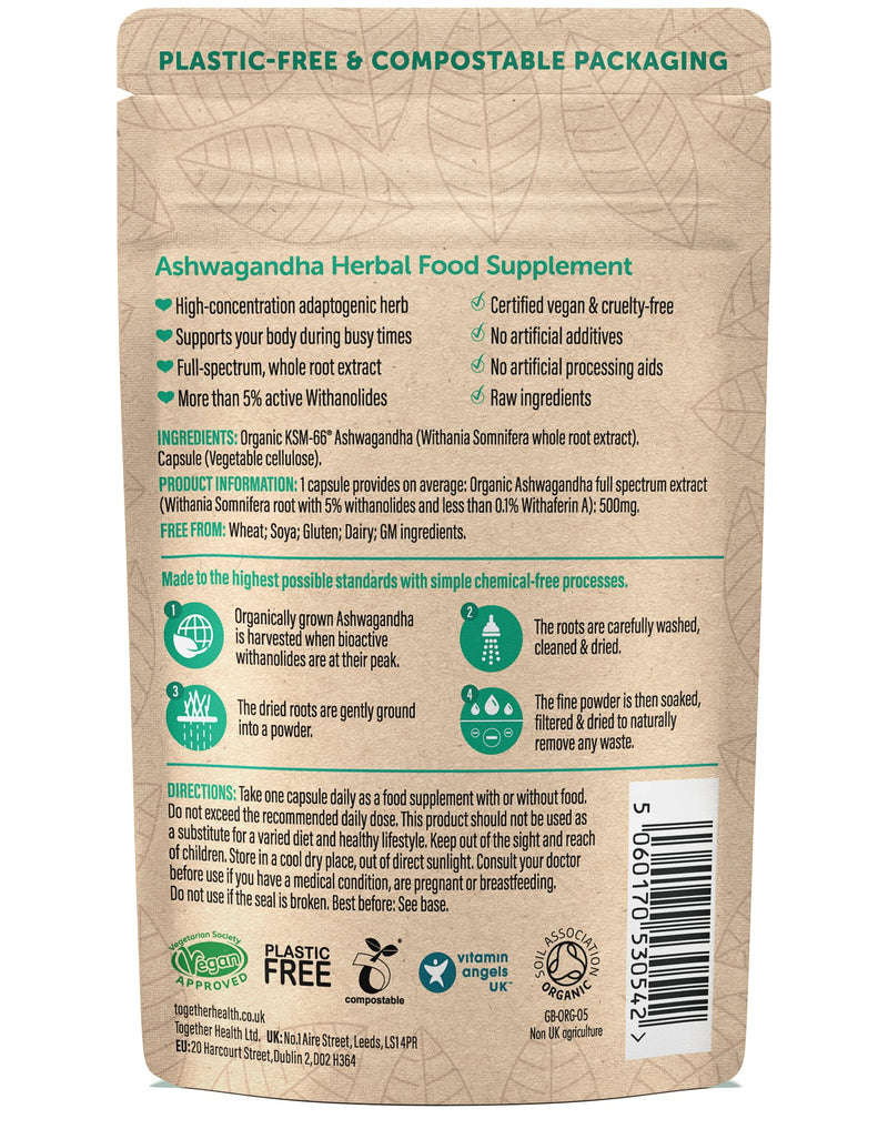 [Australia] - Ashwagandha – Together Health – 100% Organic Certified Ashwagandha Roots – High Concentration KSM-66, Full Spectrum Extract – Vegan Friendly – Made in The UK – 30 Vegecaps 30 Count (Pack of 1) 