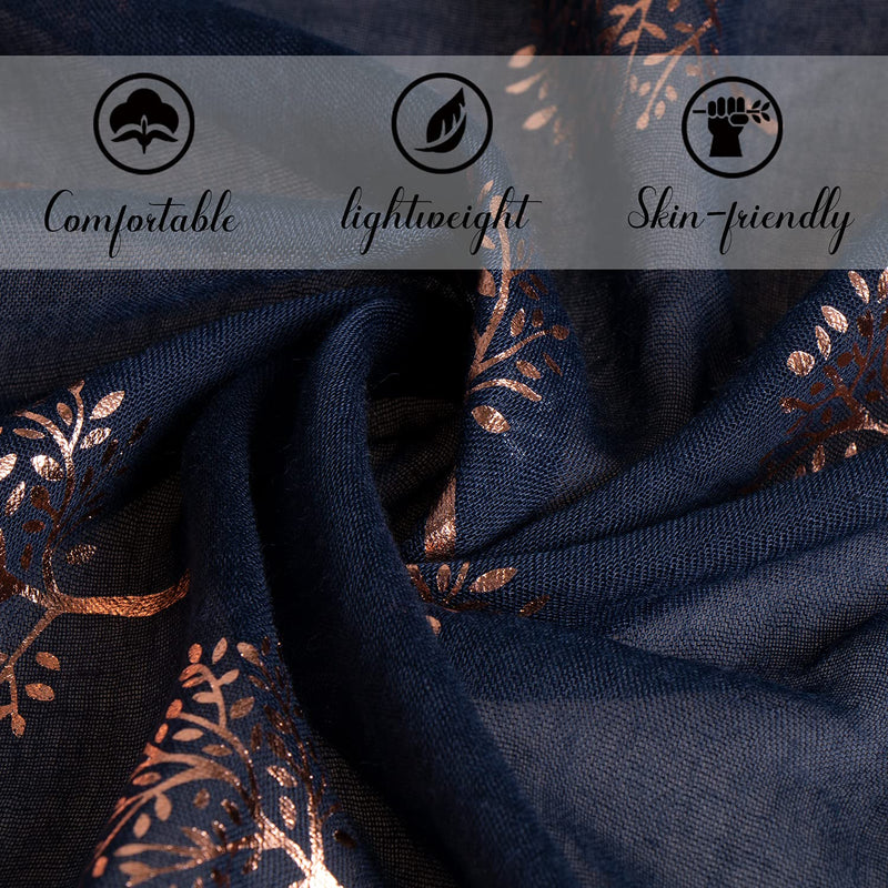 [Australia] - KAVINGKALY Ladies Scarf Silver Foil Mulberry Tree Print Long Scarf Rose gold-Navy 