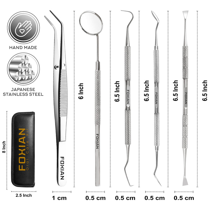 [Australia] - FOXIAN Professional 5 Pcs Oral Plaque Remover for Teeth Stainless Steel Tooth Picks Tartar Cleaner for Teeth Whitening & Oral Care Kit for Men Women Pets in Leather Pouch (5 Pcs) 
