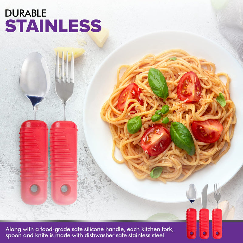 [Australia] - 3 Piece Super Easy Grip Red Flatware Set - Bendable Built Up Large Fork, Knife, and Spoon 