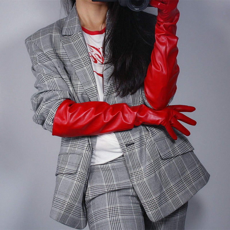 [Australia] - DooWay WOMEN LEATHER GLOVES Faux Lambskin Leather PU HOT Red Elbow Length Cosplay Costume Party Gloves 50cm Wide Sleeve 